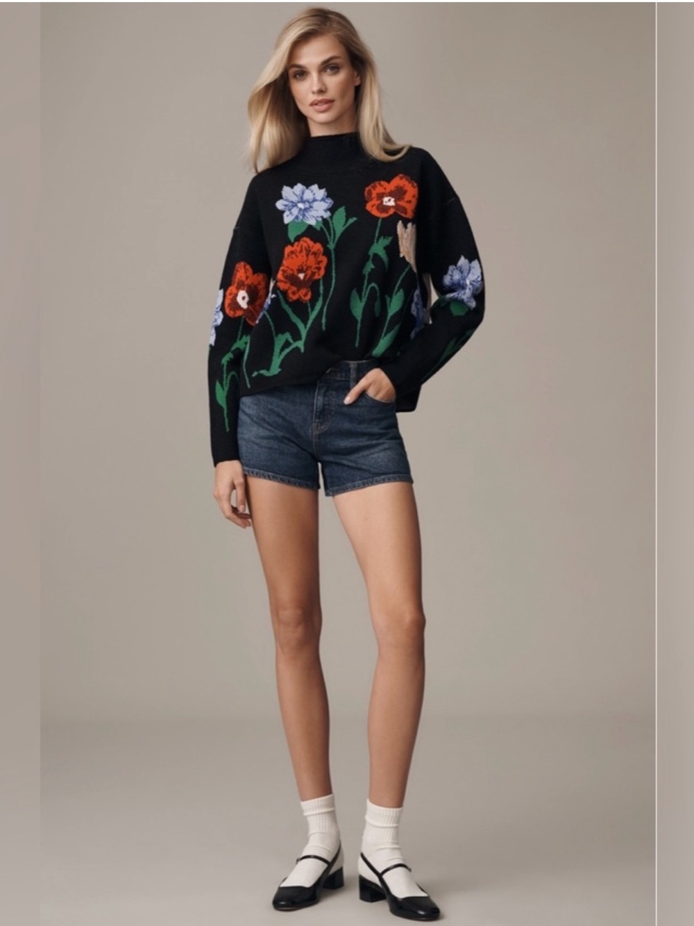 Anthropologie Maeve Carys Funnel Neck Floral Sweater Black - Picture 3 of 8